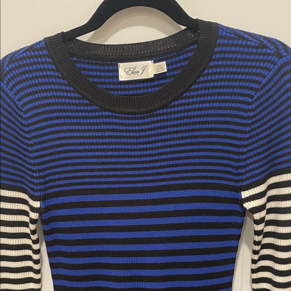 Eliza J Blue and Black Striped Long Sleeve Dress - Picture 7 of 9